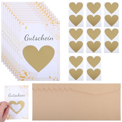 Yuanchu 8 Sets Rubbelkarten zum Selber Beschriften,mit 8 Stück Kraftpapier Umschlägen Gutschein zum selber ausfüllen mit Rubbelaufkleber Geschenke für Frauen Valentinstag Geburtstag Hochzeit(Gold) von Yuanchu