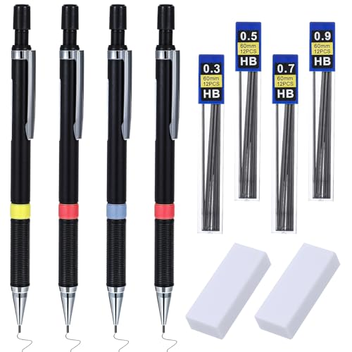 Yuanchu Druckbleistift Kombination 0,3/0,5/0,7/0.9 mm, 48 pcs Bleistiftmine Set HB 2 Radiergummi 4 Mienenbleistift Bürobedarf für Schüler Schreiben Zeichnen Skizzieren 10 Teiliges Set von Yuanchu