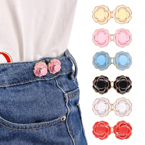 Yuanchu 6 Paare Hosen Taillenstraffer, Blumen Knöpfe Hosen Enger Machen Clip Farbige Jeansknopfnadeln Verstellbares Taillenschnallen Set Abnehmbarer Knopfspanner für Hosen Jeans Damen Rock von Yuanchu