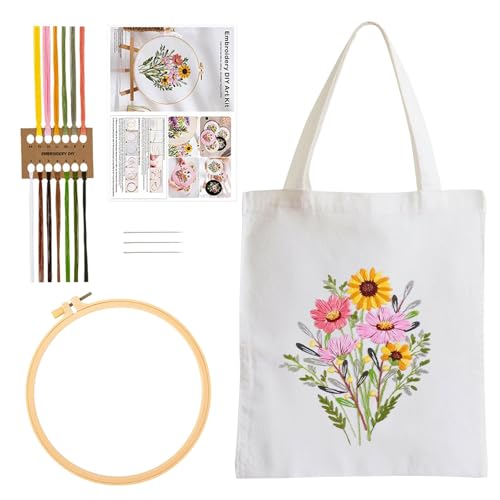 Yudobliss Sticken Set Erwachsene, Mit Blumenmuster Canvas Tasche Stickerei Set, DIY Canvas Tasche Stickset Handgefertigte Taschen, Stickset mit Stickrahmen und Anleitung, Stickset für Anfänger, Weiß von Yudobliss