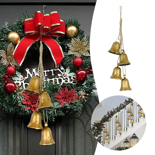 4 Stück Groß Weihnachtsglocke Vintage Metall Weihnachtsgirlandenglocken Gold Weihnachtsglocken Ornamente mit Juteseil Weihnachtsglocken Deko Glocken Weihnachten für Weihnachtsbaum (Gold, One Size) von YueYue