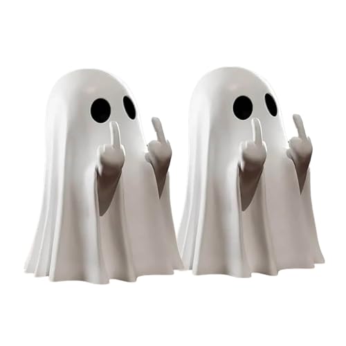 YueYue 2PCS Mittelfinger Geist Harz Statue, Süße Geister Und Kürbis Halloween Geister Figur, Fledermaus Gruselige Geisterskulptur für Halloween Tabletop Deko 2024 Neue (2PCS-A, One Size) von YueYue