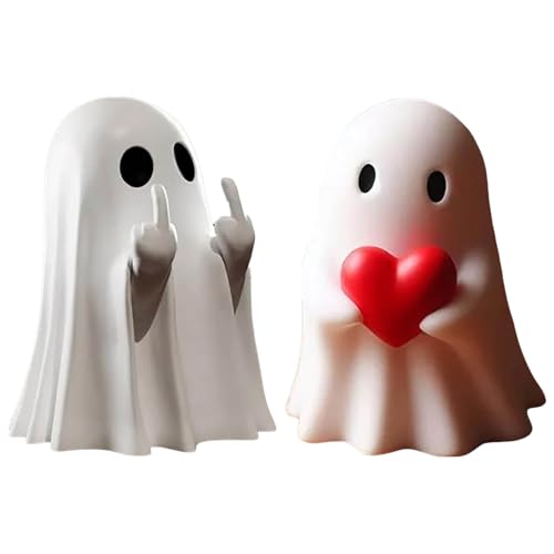 YueYue 2PCS Mittelfinger Geist Harz Statue, Süße Geister Und Kürbis Halloween Geister Figur, Fledermaus Gruselige Geisterskulptur für Halloween Tabletop Deko 2024 Neue (2PCS-B, One Size) von YueYue