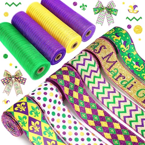 Yuefunny 10 Rollen Mardi Gras Band inklusive 4 Rollen Netzband 6 Rollen lila gelb Maske Plaid Gitter Drahtkante Band Metallic Mesh Band Kranz Verpackung für Karneval Party Deko DIY Handwerk von Yuefunny