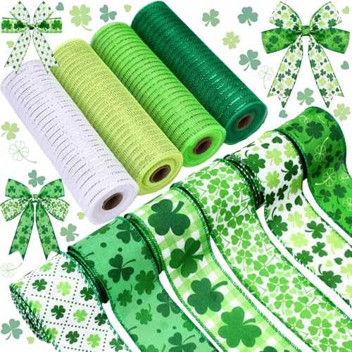 Yuefunny 10 Rollen St. Patrick's Day Band inkl. 4 Rollen Netzband 6 Rollen Drahtkante Band Irisches Metallisches Netzband Kranz Wickelband für St. Patrick's Day Party Dekorative DIY Handwerk von Yuefunny