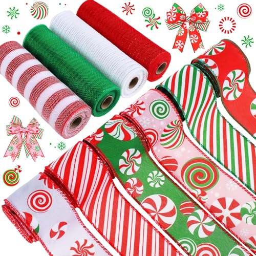 Yuefunny 10 Rollen Weihnachtsband inklusive 4 Rollen Netzband 6 Rollen Xmas Candy Peppermint Drahtrand Band Metallic Mesh Band Kranz Wickelband für Xmas Party Home Dekorative DIY Handwerk von Yuefunny