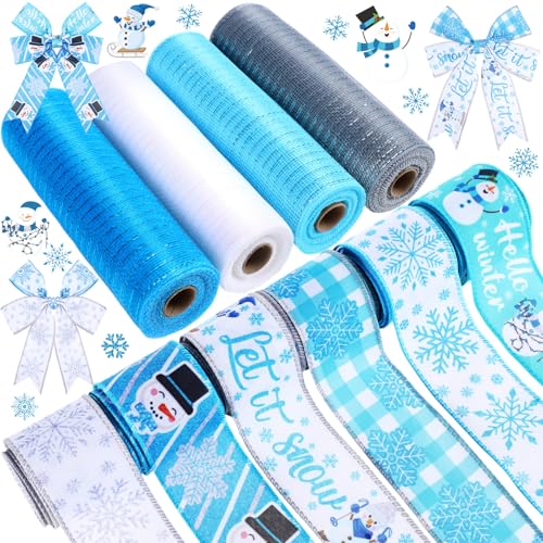 Yuefunny 10 Rollen Winterband inklusive 4 Rollen Netzband 6 Rollen Blau Schneemann Schneeflocke Drahtkante Band Metallic Kranz Wickelband für Winter Weihnachten Party Zuhause Dekorative DIY Handwerk von Yuefunny