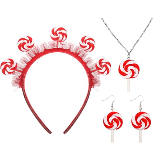 Yuefunny 4 Stück Weihnachten Pfefferminzbonbons Kostüm Zubehör Damen Lutscher Stirnband Requisiten Outfits (Rot Weiß 2, Süß) von Yuefunny