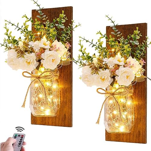 Yuehuamech 2PCS Rustic Mason Jar Sconces Jar Lichter Hanging Wall Lights mit Fernbedienung Timer LED Pfingstrose Eukalyptus Kunst LED Lichterkette für Haus Bauernhof Schlafzimmer Dekor von Yuehuamech