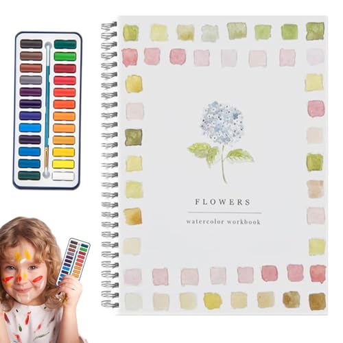 Aquarellfarben Set mit Übungsbuch, 24 Farben Wasserfarben & Pinsel für Anfänger, 7 Themen-Malbuch (Vögel, Blumen, Meer), Tragbarer Kreativset für Künstler und Hobbymaler von Yugugomo