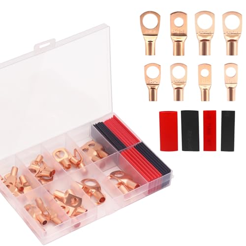 Yuhtech 60Pcs Kupferdraht Terminal Steckverbinder Kit, Crimp-Verbinder, Ring-Klemmen, Kabel-Crimps, Batterie-Kabelenden Terminals mit Schrumpfschlauch, für Elektro-, Auto, Golden von Yuhtech