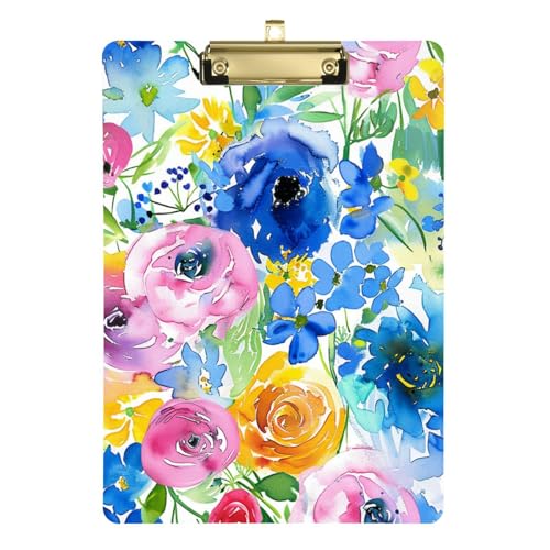 Kunststoff-Klemmbrett Aquarell Bunte Blumen Gänseblümchen A4 Papierbogen Krankenschwestern Klemmbrett für Lehrer Must Haves 30,5 x 22,9 cm mit Metallclip von Yuiboo