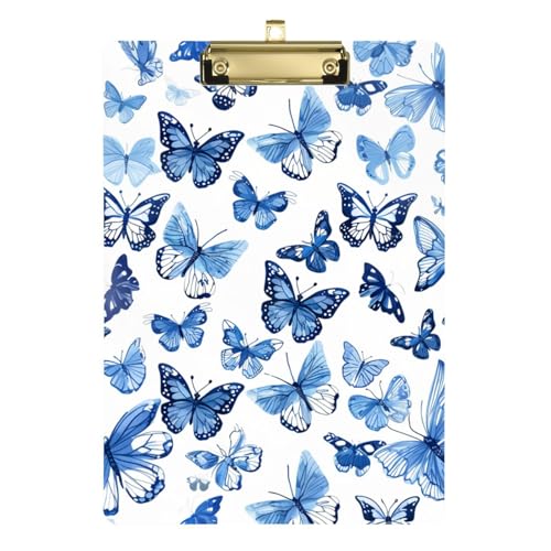 Niedliches Klemmbrett Boho-blaue Schmetterlinge, himmelblau und marineblau, A4-Papierbogen, Papierarbeiten, Klemmbrett für Lehrer, Studenten, Arzt, Krankenschwestern, 30,5 x 22,9 cm, mit Metallclip von Yuiboo