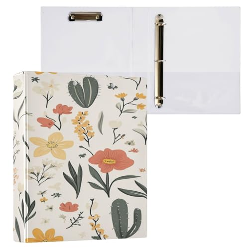 Notizbuch, runde Ringe, 3,5 cm, Frühlingsblumen, Kaktus, Beige, mit Klemmbrett, 1 Packung für Briefgröße (27,9 x 21,6 cm), Hardcover von Yuiboo