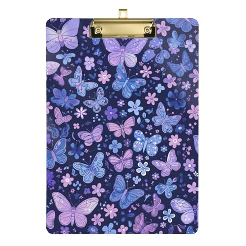 Ordner-Klemmbrett Retro Blumen Blau Lila Schmetterlinge Pastell Acryl Papierkram Klemmbrett für Volleyball Baseball Trainer 12 x 9 mit Metallclip von Yuiboo