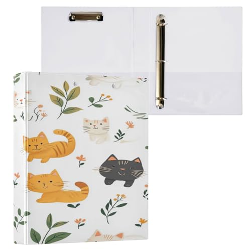 Ringbuch mit 3 Ringen, 3,5 cm, Cartoon, niedliche Katzen, Blumenmuster, Weiß, mit Klemmbrett, 1 Packung für Briefgröße (27,9 x 21,6 cm), Hardcover von Yuiboo