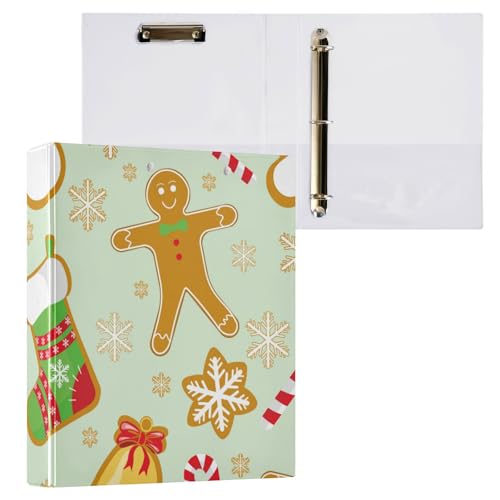 Ringbuch mit 3 Ringen, 3,5 cm, Weihnachtslebkuchen, Kekse, Schneeflocken, Grün, mit Taschen, 1 Packung Ordner für Schule, Hardcover von Yuiboo