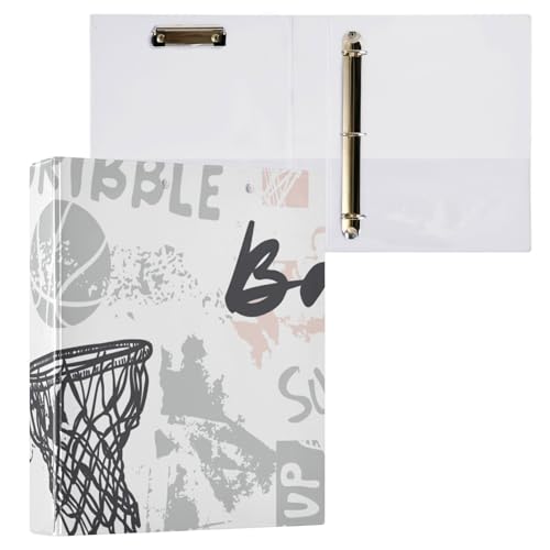 Ringbuch mit runden Ringen, 3,8 cm, Basketballkorb, Grunge, Grau / Weiß, mit Taschenabdeckung, 1 Packung, College-Ordner für Studenten, Hardcover von Yuiboo