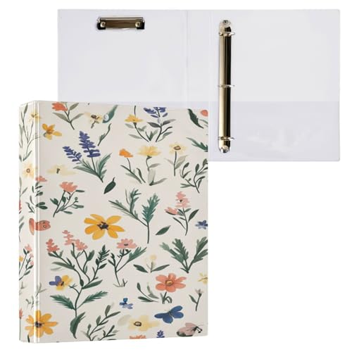 Ringbuch mit runden Ringen, 3,8 cm, niedliche Frühlingsblumen, rustikales Beige, mit Taschen, 1 Packung, Ordner für Studenten, Hardcover von Yuiboo