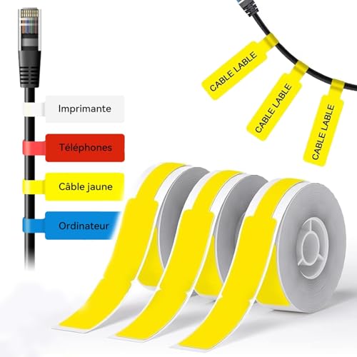 Yuiturt 3 Rollen selbstklebende Etiketten, 12,5 x 109 mm, Kabeletikett für Klassifikationen, gelbes Band selbstklebend für Klassifikationen und Kabel, kompatibel mit D110 D11 D101 H1S von Yuiturt