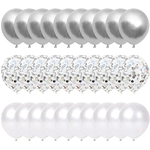 60pcs 30.5 cm Silber und Weiß Luftballons Set, 20 Metallic Silber Ballons, 20 Silber Konfetti Ballons, 20 Weiß Latex Ballons Helium Ballons Hochzeit Ballons Jahrestag Silber Hochzeit Dekorationen von Yukiyi