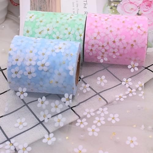 Yulakes 10 Yards Blümchen Tüll Gänseblümchen Band Rolle Spitzenband Craft Ribbons DIY Bastelbänder Spitzenbordüre für Geschenkschleife Verpackung Kirschblüten bedruckte Netzstoff Spitze 6cm (blau) von Yulakes