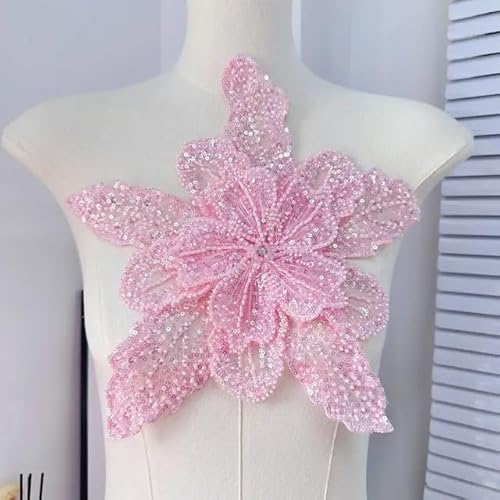 Yulakes 1PCS 3D Pailletten Stickerei Spitze Applikation große Blume Anzug Kleid Zubehör Kristall Nieten Perle Kleid Dekoration (Rosa) von Yulakes