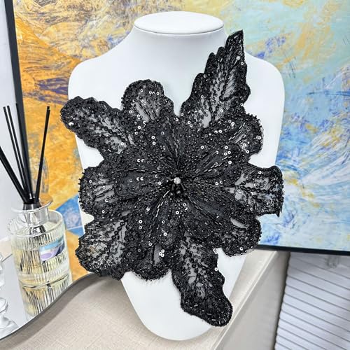 Yulakes 1PCS 3D Pailletten Stickerei Spitze Applikation große Blume Anzug Kleid Zubehör Kristall Nieten Perle Kleid Dekoration (schwarz) von Yulakes