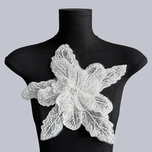 Yulakes 1PCS 3D Pailletten Stickerei Spitze Applikation große Blume Anzug Kleid Zubehör Kristall Nieten Perle Kleid Dekoration (weiß) von Yulakes