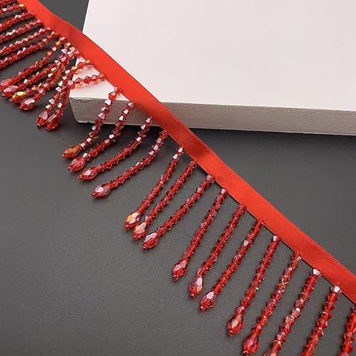 Yulakes 2 Yard Strass Spitze Band Quaste Strass Fransen Quaste Kristall Perlen Fransen Trim Nähen Perlen Fransen Fransen für Vorhang Lampenschirme und DIY Kleidung Hochzeit Dekoration 5.5 (rot) von Yulakes