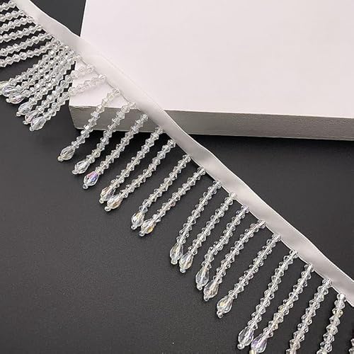 Yulakes 2 Yard Strass Spitze Band Quaste Strass Fransen Quaste Kristall Perlen Fransen Trim Nähen Perlen Fransen Fransen für Vorhang Lampenschirme und DIY Kleidung Hochzeit Dekoration 5.5 (weiß) von Yulakes