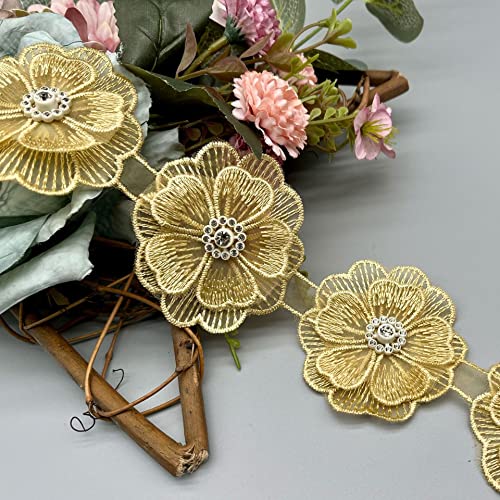 Yulakes 2 Yards 3D Blumen Spitzenbesatz exquisite bestickte Applikation Patches Stoff Gold Perle Perlen Spitzenband Spitzenborte für DIY Nähen Handwerk (Gold) von Yulakes