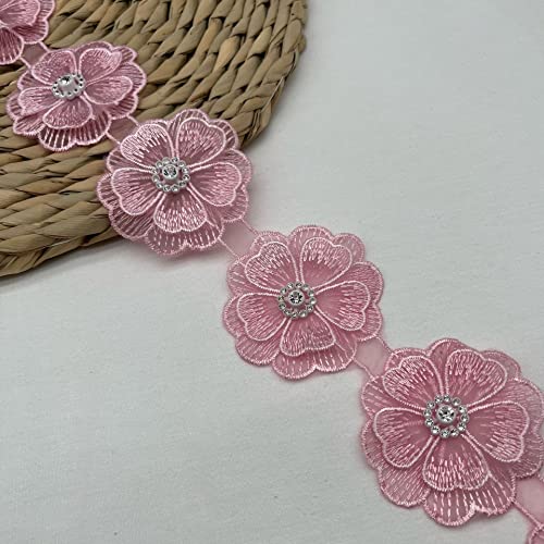 Yulakes 2 Yards 3D Blumen Spitzenbesatz exquisite bestickte Applikation Patches Stoff Gold Perle Perlen Spitzenband Spitzenborte für DIY Nähen Handwerk (Rosa) von Yulakes