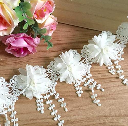 Yulakes 3 Yards 51pcs 3D Blume Spitze Band Quaste Fransen Rand Spitzenbesatz mit Perlen Chiffon Floral Einfassung Besätze Stoff bestickt zum Nähen Handwerk Kleidung Kleider Applique von Yulakes