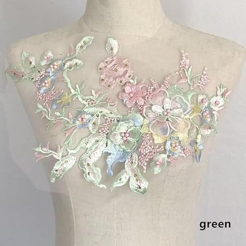 Yulakes 3D Stickerei Perlen Spitze Applikation Stickerei Blumen Spitzenaufnäher Spitzenkragen Strass Tüll Besatz Stoff für DIY Ausschnitt Hochzeit Brautkleid Kleidung Stickerei Dekoration (green Rosa) von Yulakes