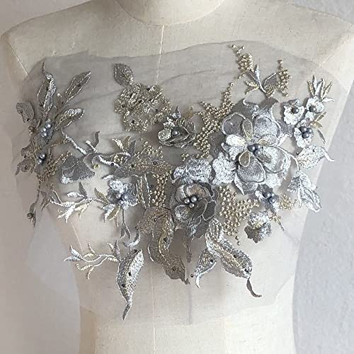 Yulakes 3D Stickerei Perlen Spitze Applikation Stickerei Blumen Spitzenaufnäher Spitzenkragen Strass Tüll Besatz Stoff für DIY Ausschnitt Hochzeit Brautkleid Kleidung Stickerei Dekoration (grau) von Yulakes