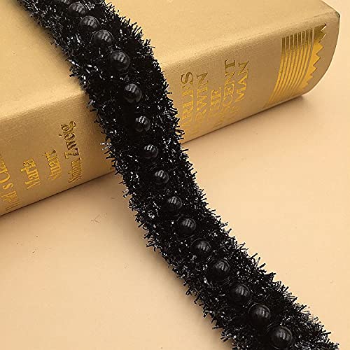 Yulakes 5 Yards Perlenband Spitzenband Spitzenborte Borte Bände, Perlenborte Strass Perle Spitzenbordüre Applikation Kleidung Gürtel Nähen Zubehör für DIY Dekoband Kleidung Kleid Craft (Schwarz) von Yulakes