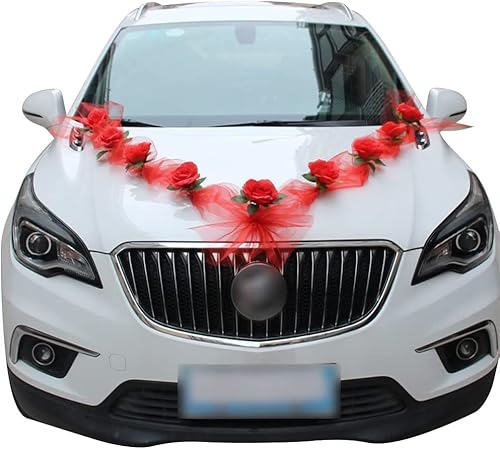 Yulakes Auto Schmuck Organza Braut Paar Rose Deko Dekoration Autoschmuck Autodeko Auto Blumenschmuck Hochzeit Car Auto Wedding Deko Girlande Hochzeitsschmuck Hochzeitsauto Deko (Rot) von Yulakes