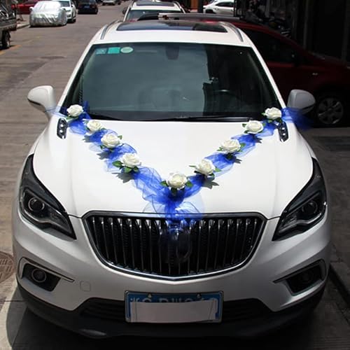 Yulakes Auto Schmuck Organza Braut Paar Rose Deko Dekoration Autoschmuck Autodeko Auto Blumenschmuck Hochzeit Car Auto Wedding Deko Girlande Hochzeitsschmuck Hochzeitsauto Deko (blau) von Yulakes