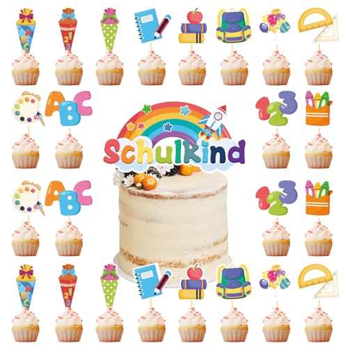 25 Stück Tortendeko Einschulung Schulkind Schulanfang Kuchendeko Zuckertüte Kuchen Deko ABC 123 Ballon Tortenaufsätze Torten Cupcake Muffin Topper für Junge Mädchen von YumSur