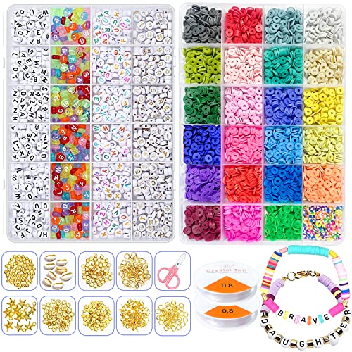 7400 Stück Polymer Clay Perlen Set 6mm,Heishi Perlen Bunte Buchstaben Perlen Vinyl Scheiben Lose Perlen Für DIY Schmuck Bastelset Armband Halskette Geschenk für Erwachsene Kinder von YumSur