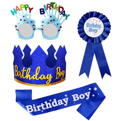 YumSur Happy Birthday Krone Hut mit Geburtstagsbrille, Geburtstagsabzeichen und Geburtstagsschärpe Geburtstagsparty Supplies für Jungen Geburtstagsparty von YumSur