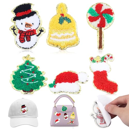 Yumttero 6 selbstklebende Chenille-Patches für Weihnachten, Glitzer, Weihnachtsmann, Glocken, Schneemann, Nikolausmütze, Weihnachtsstrümpfe, Chenille-Patches für Weihnachten, Kleidung, Kleid, Hut, von Yumttero