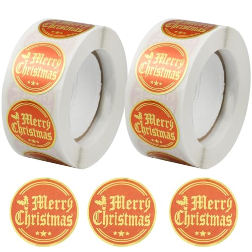 YunBey 1000 Stück Frohe Weihnachten Aufkleber Rund Orange Gold Merry Christmas Sticker Weihnachtsaufkleber Selbstklebend für Geschenke Umschlag Papiertüten 2,5cm von YunBey