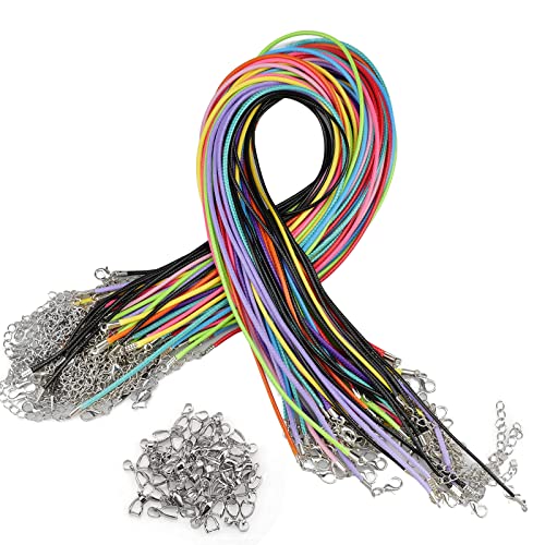 YunBey 50 Stück Lederband Kette Farben, Gewachste Halskette Cord mit 50 Stück Hummer Schließe und Verlängerungskette Seil 2mm, für DIY Halskette Schmuckherstellung von YunBey