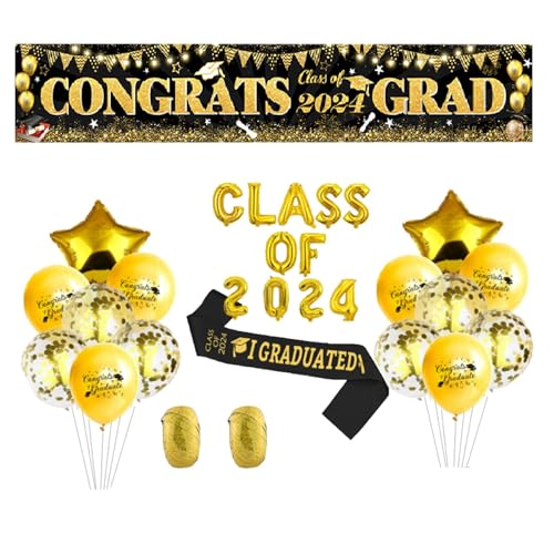 YunBey Abschlussfeier Deko 2024 Graduation Deko Abi Banner Bachelor Deko Luftballons Abschluss Schärpe Schwarz Gold Herzlichen Glückwunsch Abschluss 2024 Deko von YunBey