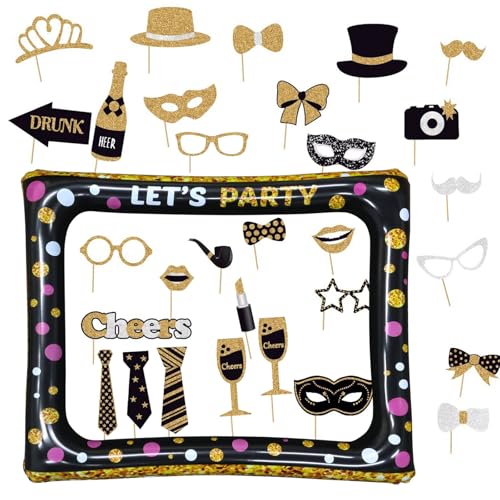 YunBey Fotobox Accessoires 31 Stück Geburtstag Fotorequisiten Set Schwarz Gold Aufblasbarer Fotorahmen Photo Booth Requisiten Partyzubehör für Hochzeit Geburtstag Party von YunBey