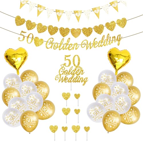 YunBey Goldene Hochzeit Deko, 50. Hochzeitstag Banner Goldene Hochzeit Dekorationen und Tortendeko Goldene Hochzeit, 26 Stück Goldhochzeit Party Hintergrund Deko von YunBey