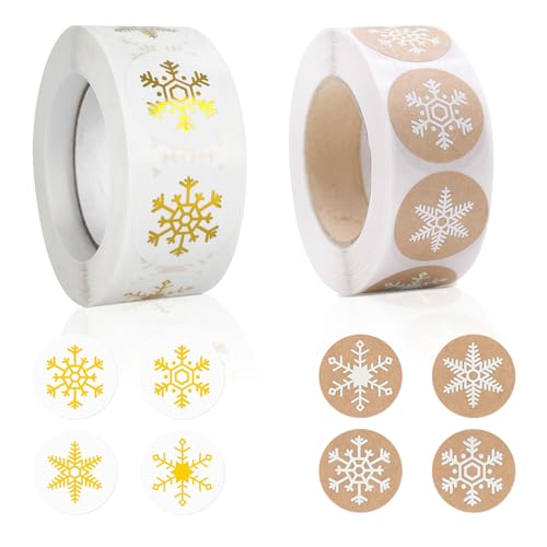 YunBey Weihnachtsaufkleber 2 Rolle 1000 Schneeflocken Aufkleber Goldfolie und Kraftpapier Rund Geschenkaufkleber Weihnachten Selbstklebende für Weihnachtsgeschenkbox Dekoration von YunBey