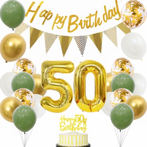 Yunchu Online 50 Geburtstag Deko Frauen Manner 50 Jahre Geburtstag Party Dekoration 50. Geburtstag Tortendeko Sage Grün Weiß Gold Party Ballons für Geburtstagsdeko 50 Jahre Geburtstag Party Dekoration von Yunchu Online